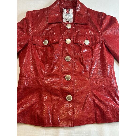 Just B Shiny Red Metallic Jacket w/Decorative Buttons Small Snakeskin Print - Picture 1 of 10